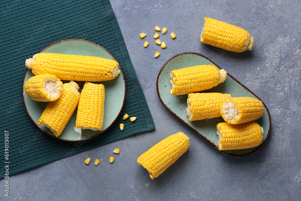 Plates with fresh corn cobs and seeds on blue background