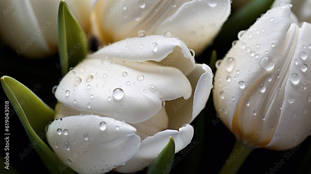 White Tulips flowers with water drops background. Closeup of blossom with glistening droplets. Gener