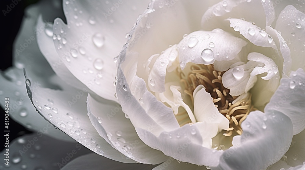 White Peony flowers with water drops background. Closeup of blossom with glistening droplets. Genera