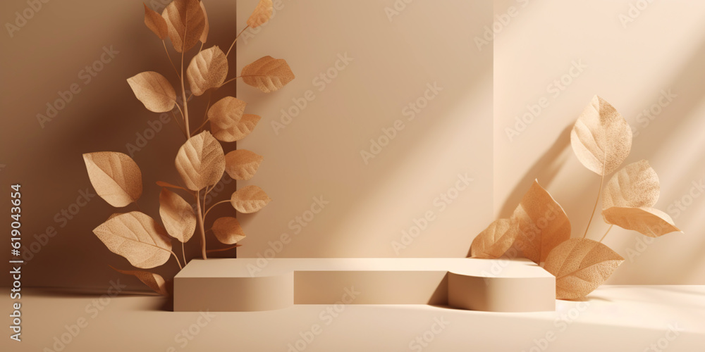 Beige podium for product display presentation. Sandstone and sandy colored plants. Generative AI