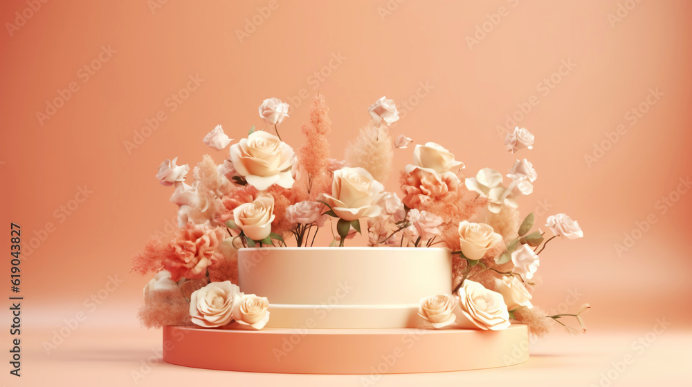 Podium with pink roses on pastel pink background to display products, gift or cosmetics. Generative 