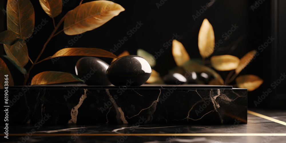 Podium made of black marble with gold, pedestal or platform. Advertising scene. Blank product stand.