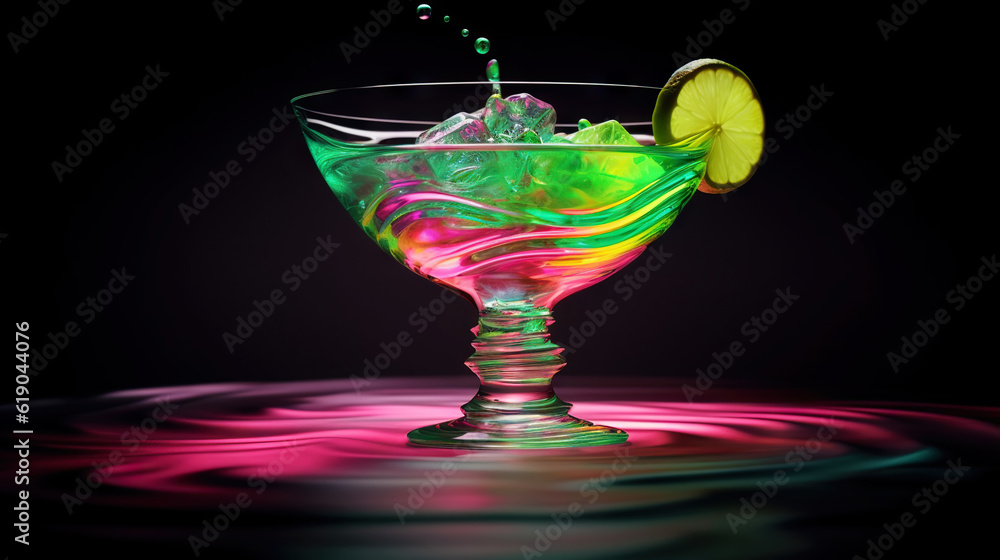 Glass of cocktail in hypnotic neon light. Colorful rave party drink. Generative AI