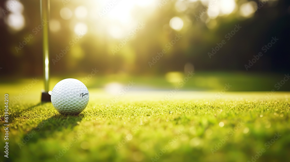 Golf club and golf ball on green grass background. Blurred backdrop. Outdoor sport on a sunny day. G