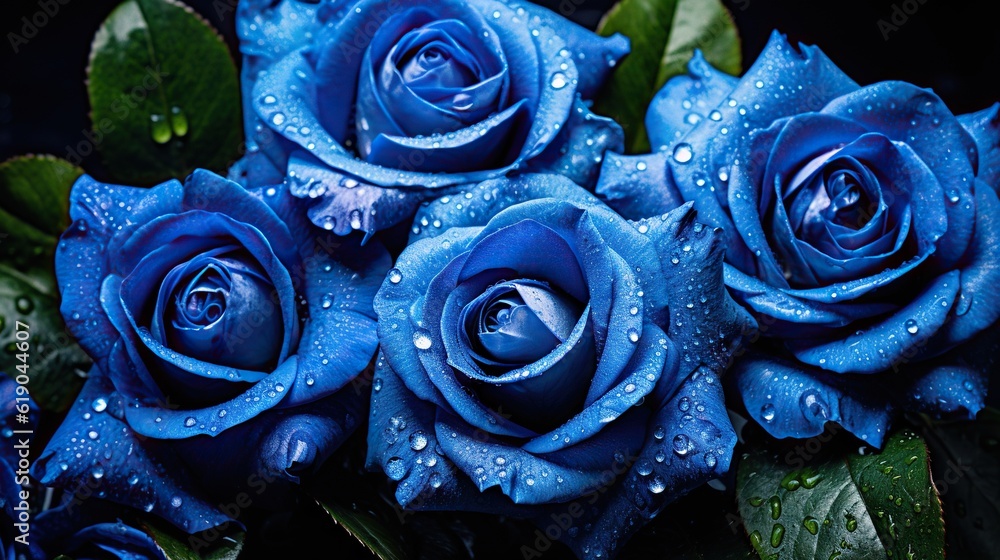 Blue Roses flowers with water drops background. Closeup of blossom with glistening droplets. Generat