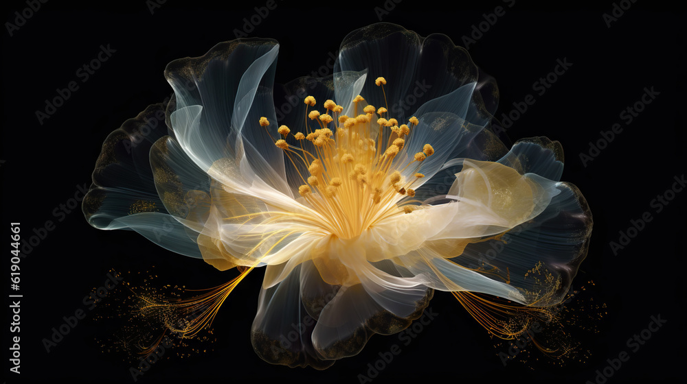 Golden x-ray image of a ethereal flower on black. Fantasy mystical blossom. Generative AI