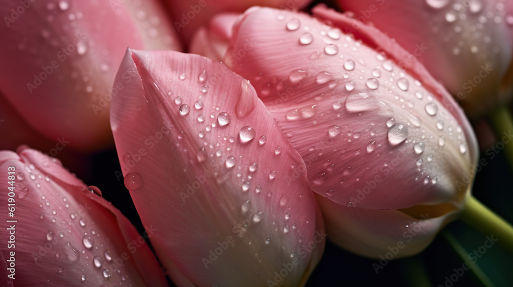 Pink Tulips flowers with water drops background. Closeup of blossom with glistening droplets. Genera