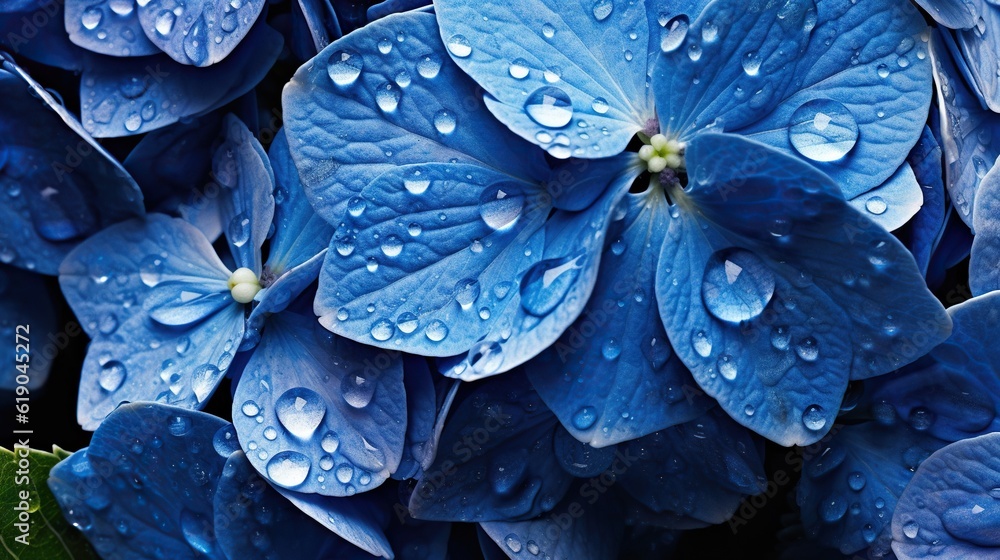 Blue Hydrangeas flowers with water drops background. Closeup of blossom with glistening droplets. Ge