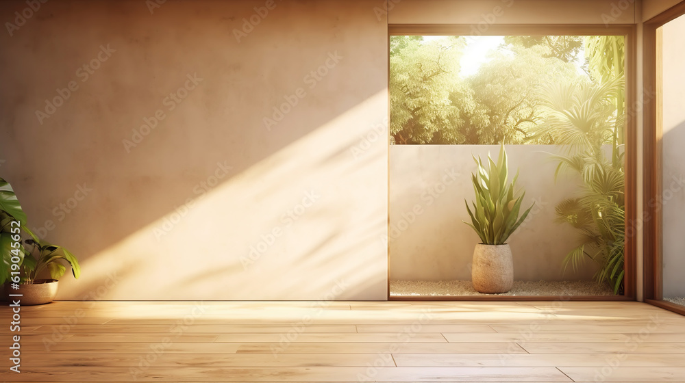 Empty room of modern contemporary loft with plants on wooden floor. Generative AI