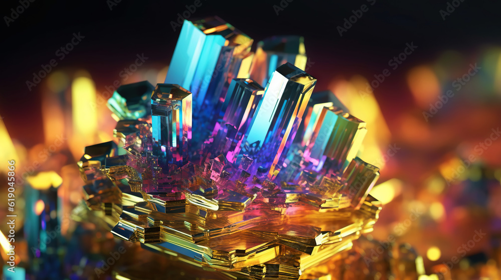 Amazing bright and shiny Bismuth crystal cluster background. Jewel mineral detailed macro. Generativ