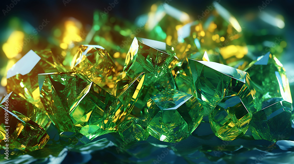 Amazing bright and shiny Euchlorine crystal cluster background. Jewel mineral detailed macro. Genera