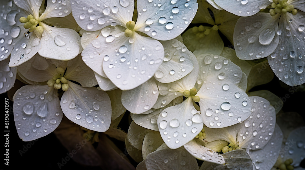 White Hydrangeas flowers with water drops background. Closeup of blossom with glistening droplets. G