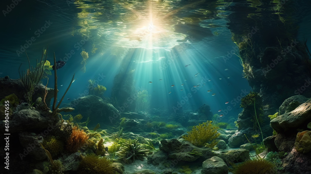 Underwater sunlight through the water surface seen from a rocky seabed with algae. Generative AI