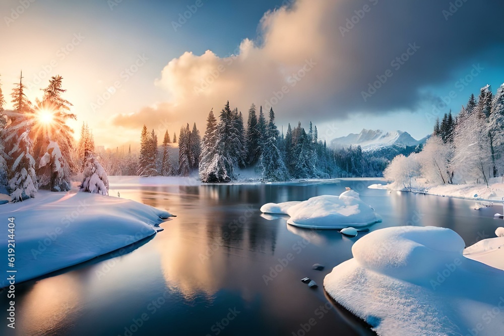 Landscape with lake and sunset