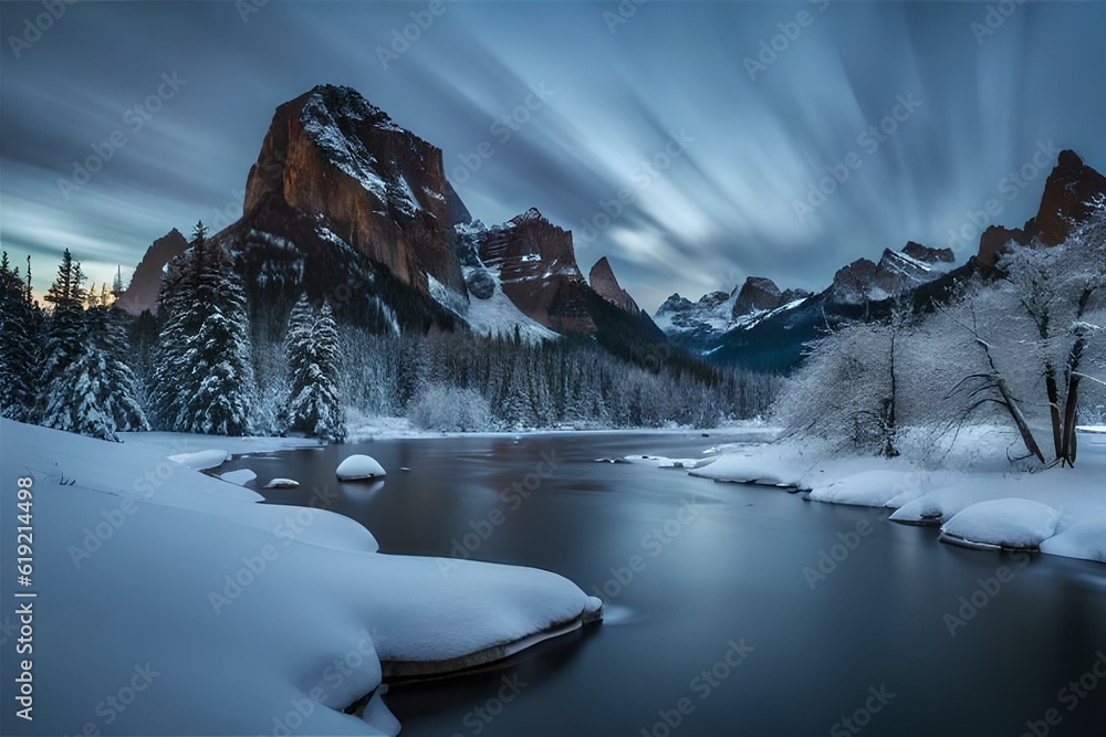 Landscape with mountains and snow night - Generated AI