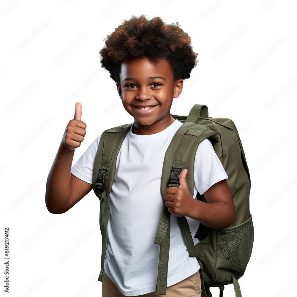 Smiling happy student boy show thumb up finger like isolated on a transparent background. Little chi