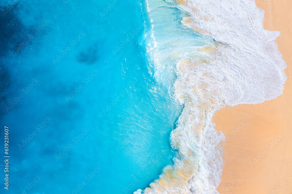 Coast as a background from top view.  Waves and beach. Aerial landscape. Azure water background from