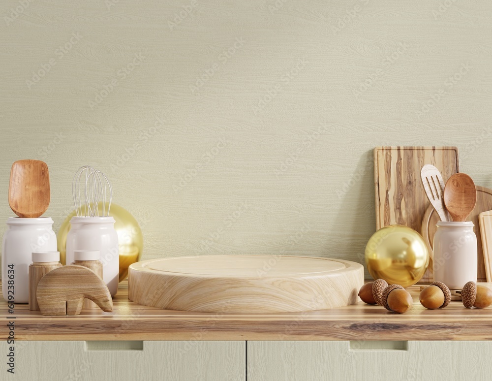 Wooden podium in kitchen room composition for product presentation.