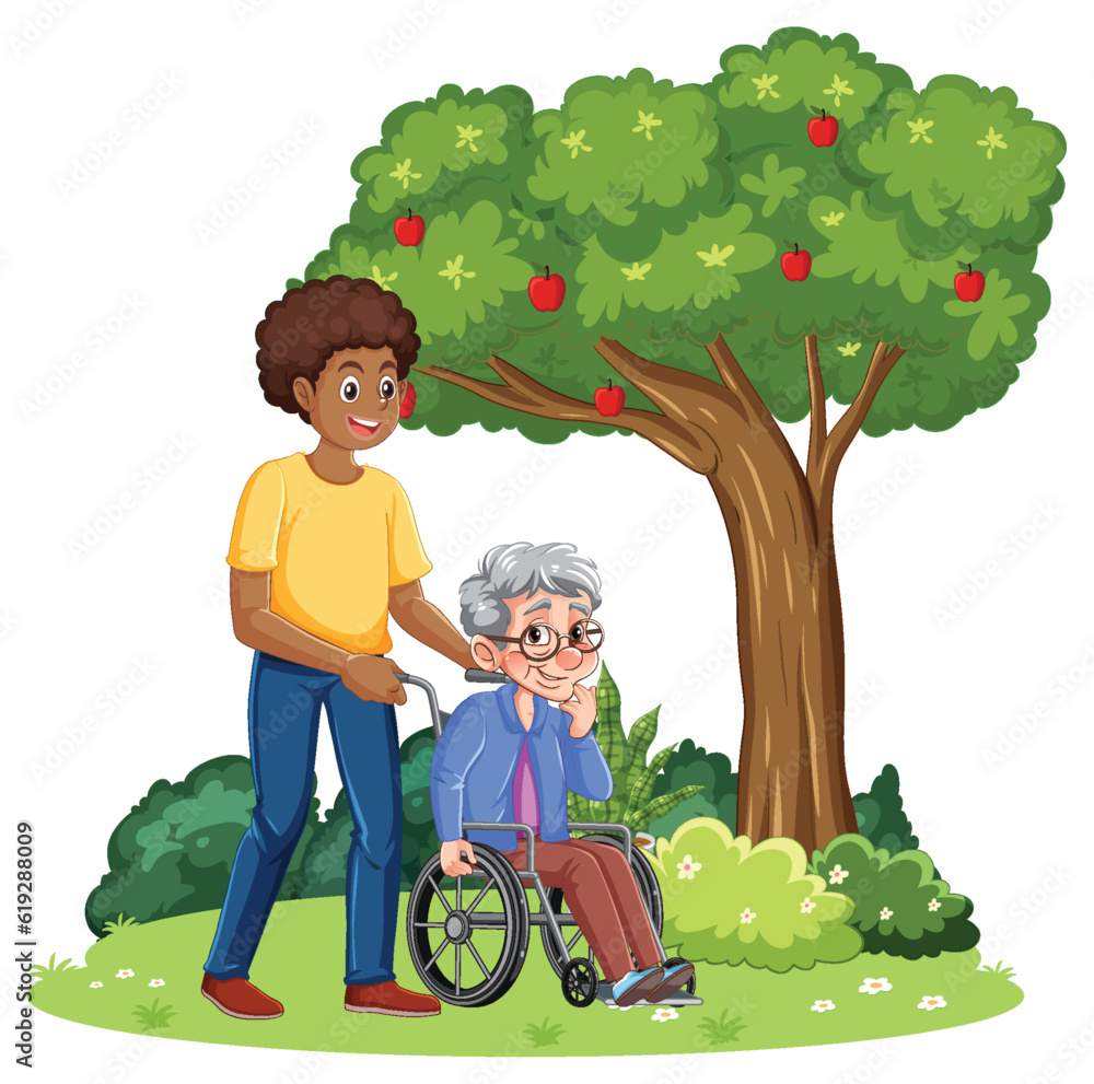 Male caregiver with grandmother on a wheelchair at the park