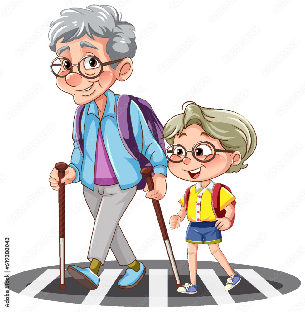 Grandparent crossing the road with student