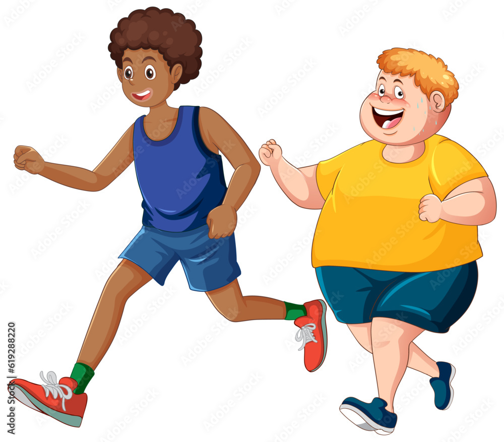 African American Man Running Exercise with Caucasian Friend