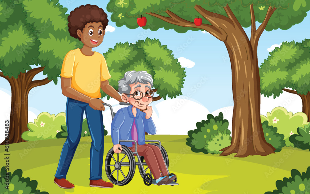 Male caregiver with grandmother on a wheelchair at the park