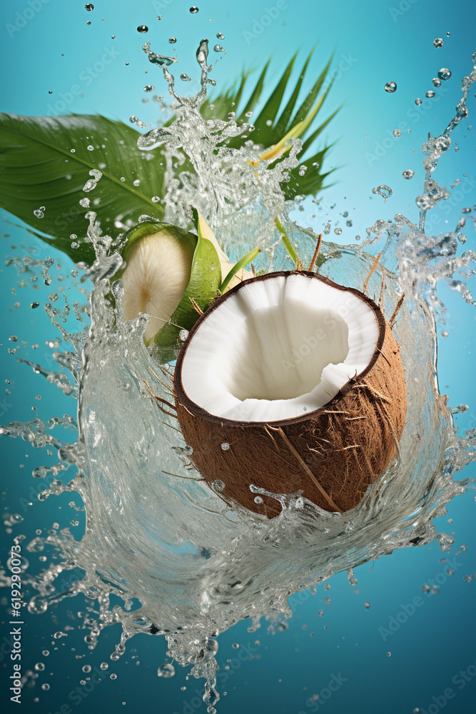 the coconut has a liquid splash coming out, in the style of kitsch aesthetic, vray, captures the ess