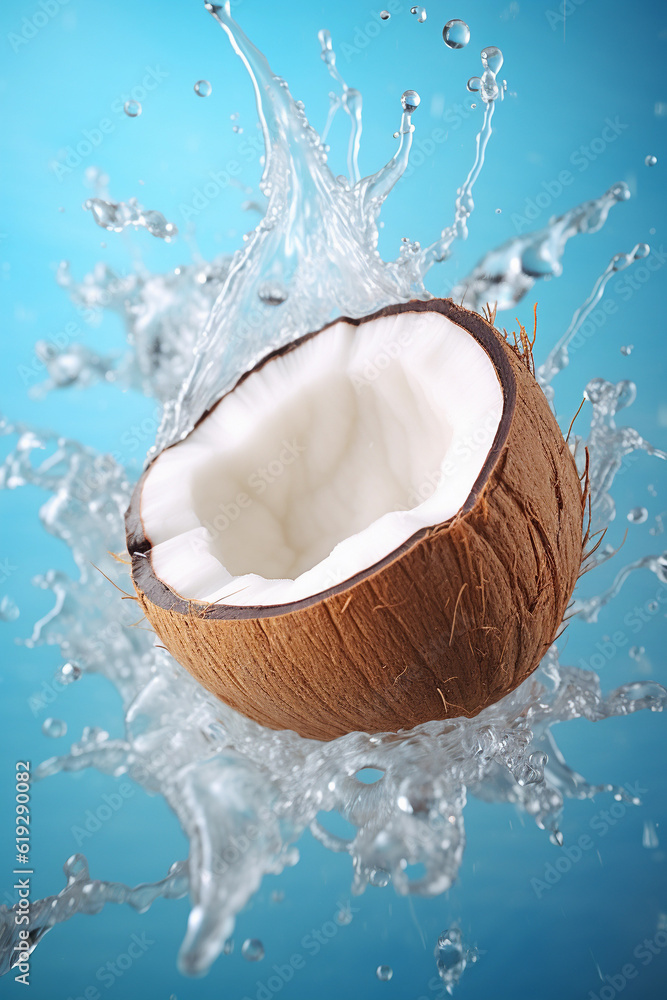 the coconut has a liquid splash coming out, in the style of kitsch aesthetic, vray, captures the ess