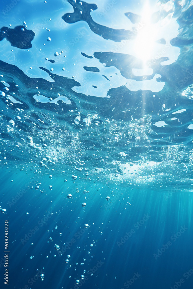 An underwater surface showing high water, waves and bubbles, in the style of clean lines, pure forms