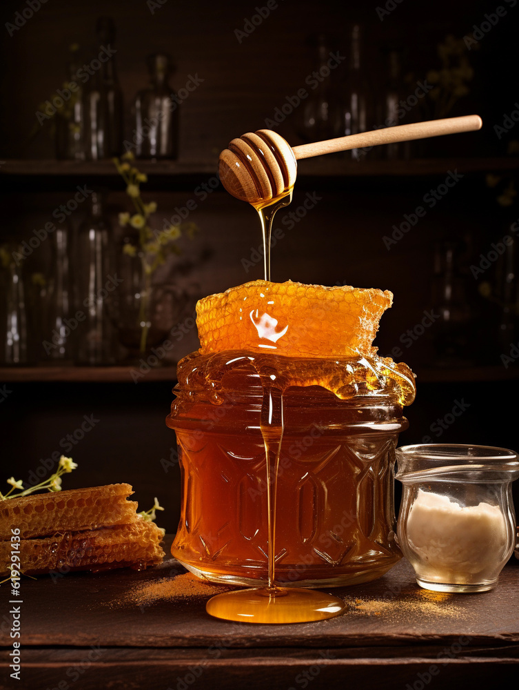 Honey falling from a wooden stick