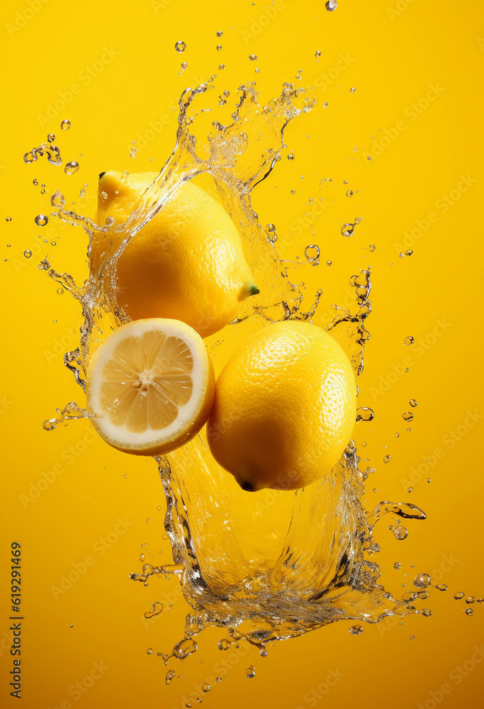 Fresh lemons and water splashes on yellow background, in the style of graflex speed graphic, warmcor