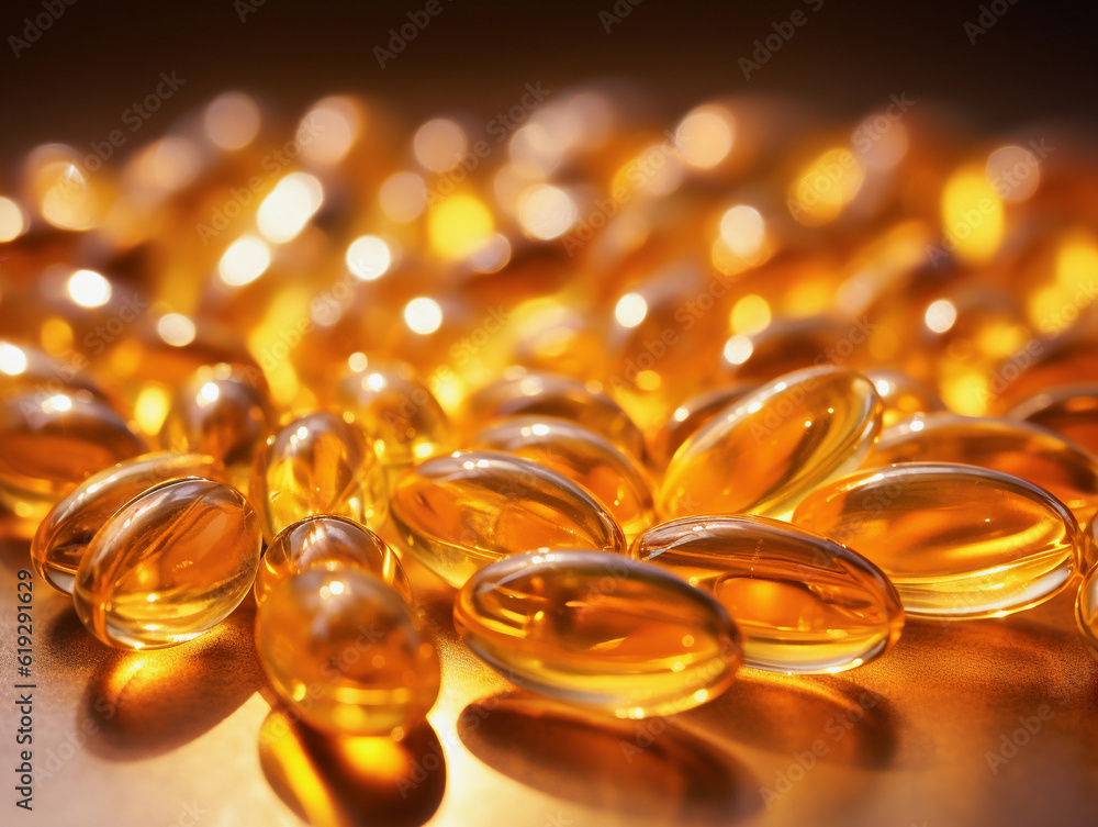 Close up the vitamin D and Omega 3 fish oil capsules supplement on wooden plate for good brain , hea