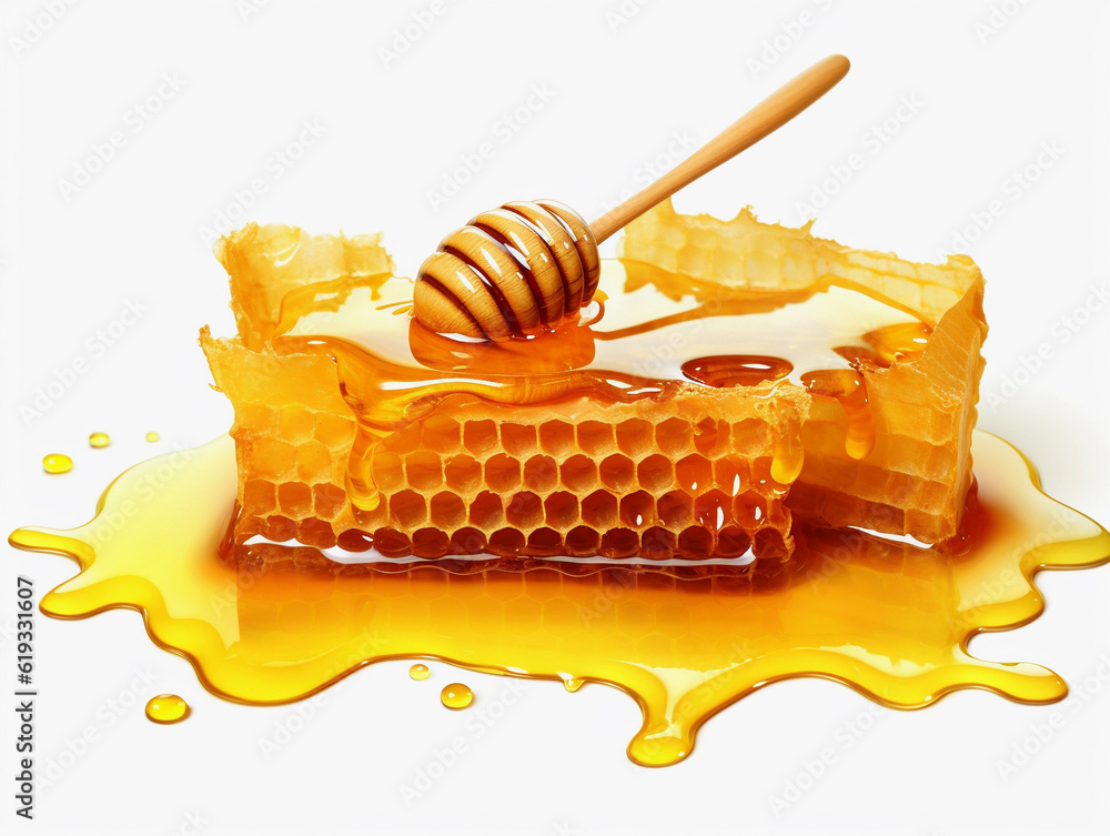 A honeycomb with honey on a white background.