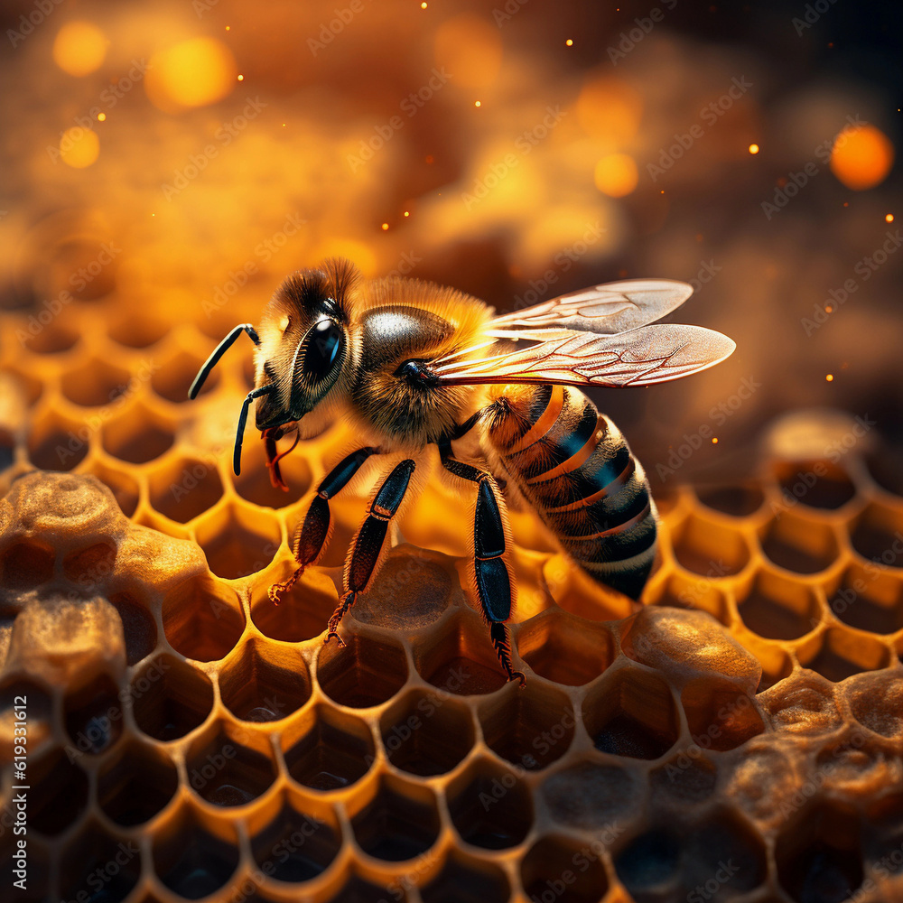 a bee is sitting on a honeycomb.