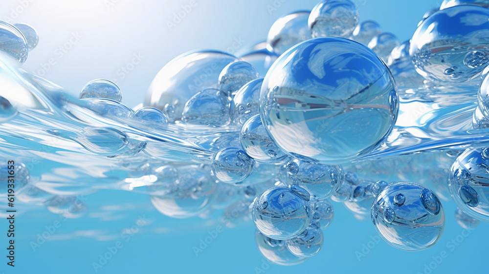 Blue water bubbles floating.