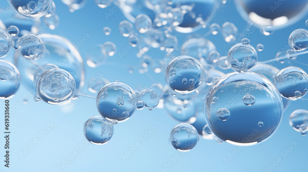 Blue water bubbles floating.