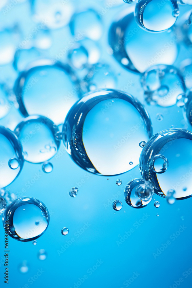 Blue water bubbles floating.