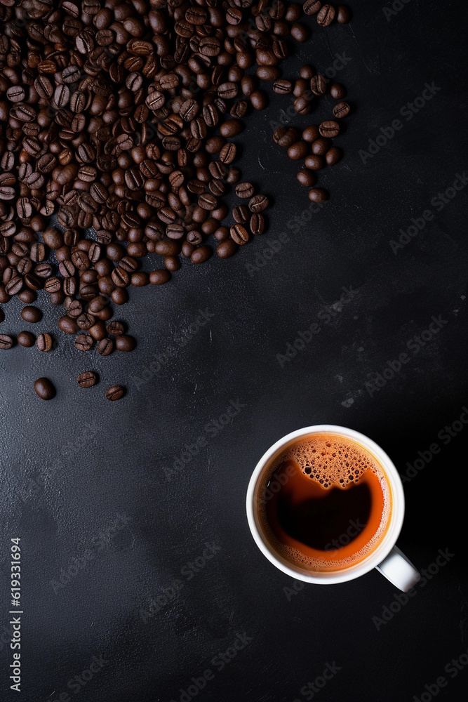 Coffee cup with coffee beans on dark coffee table.