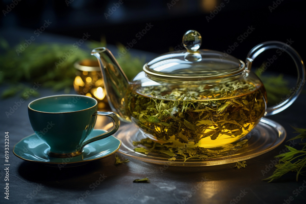 Green tea with herbs and green teapot on a table,