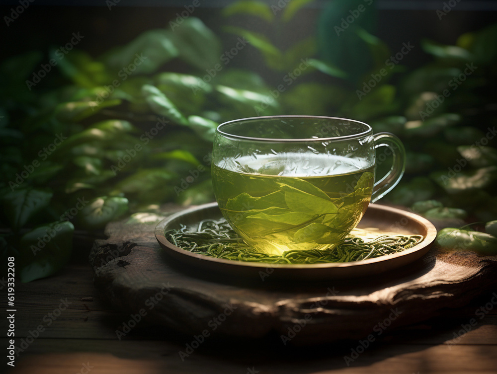 green tea with leaf and green teapot on a table.