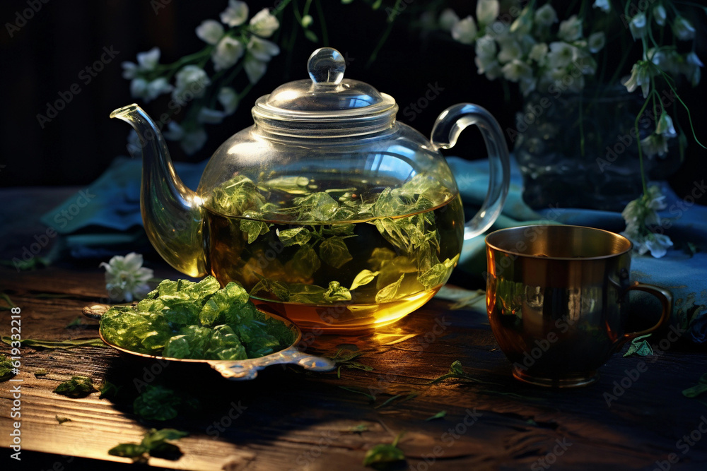 Green tea with herbs and green teapot on a table,