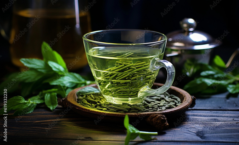 green tea with leaf and green teapot on a table.