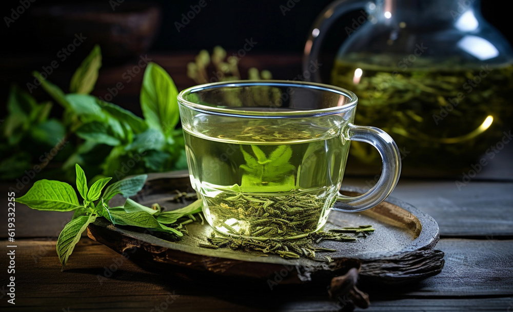 green tea with leaf and green teapot on a table.