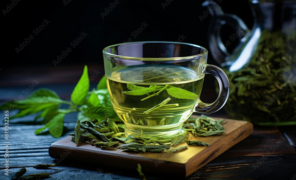 green tea with leaf and green teapot on a table.