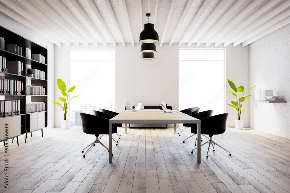 Modern office coworking interior with large wooden desk, white walls and window, workplace and works