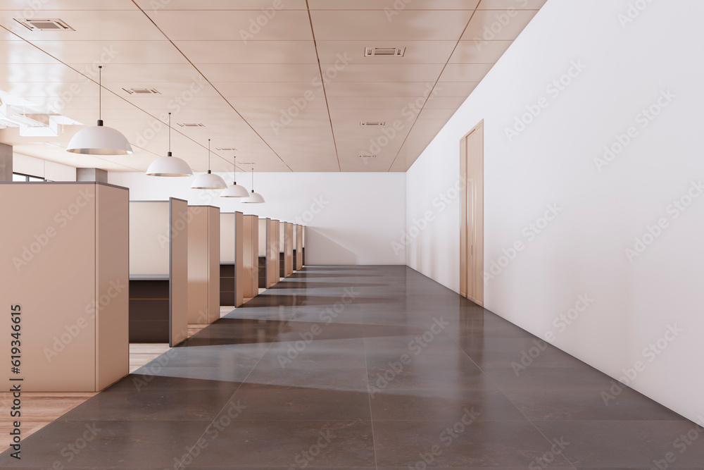 Modern coworking office interior with partitions and furniture. 3D Rendering.