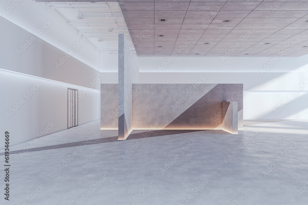 Modern concrete exhibition hall interior with sunlight and shadows. Museum and art concept. 3D Rende