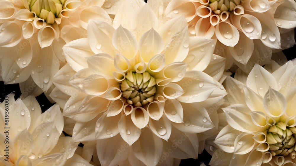 Creamy Dahlia flowers with water drops background. Closeup of delicate blossom with glistening dropl