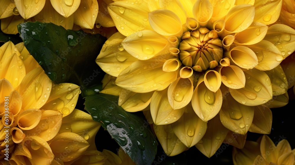 Yellow Dahlia flowers with water drops background. Closeup of delicate blossom with glistening dropl