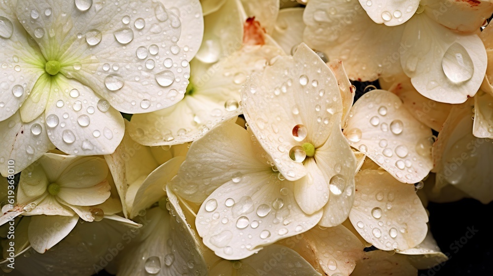 Creamy Hydrangeas flowers with water drops background. Closeup of blossom with glistening droplets. 